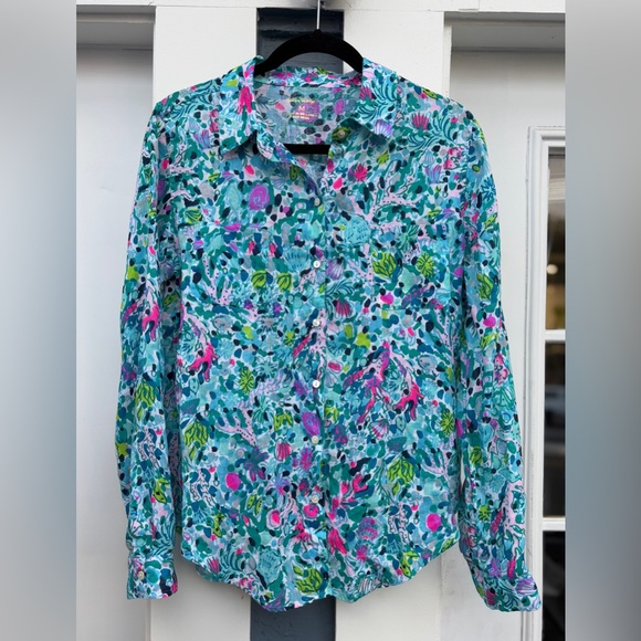Lilly Pulitzer Sea View Linen Button Down Top In Multi Dive Bar, Size M - Picture 5 of 16